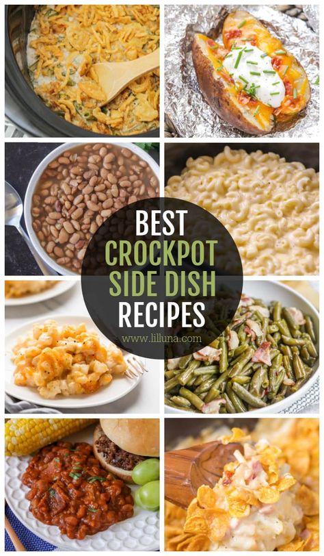 These set it and forget it side dishes won't heat the kitchen and can be made the morning of for a less stressful evening. Crockpot side dishes are delicious and easy. Win-win! #crockpot #slowcooker #crockpotsidedishes #sidedishes Crockpot Cookout Sides, Crockpot Bbq Side Dishes, Crockpot Bbq Sides, Side Dishes Crockpot, Crockpot Sides, Homemade Baked Beans Recipe, Potato Recipes Crockpot, Crockpot Side Dishes, Amazing Snacks