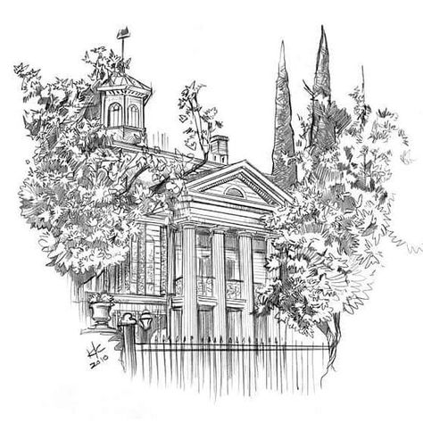 Pro artist Ken Christiansen sketch of Haunted Mansion Mansion Sketch, Mansion Tattoo, Haunted House Coloring, Haunted Mansion Tattoo, Haunted House For Kids, Ariel Coloring Pages, Halloween Coloring Pages Printable, House Coloring Pages, Haunted Mansion Halloween