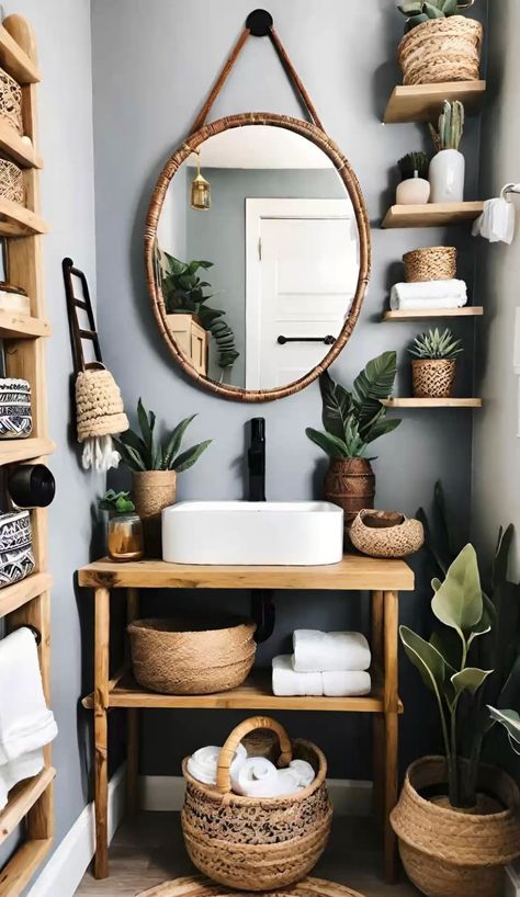 Bohemian Toilet Ideas, Scandi Boho Bathroom, Boho Toilet Room, Vanity Ideas Small Bathroom, Small Bathroom Organisation, Diy Boho Bathroom, Home 3d Design House Plans, Salon Bathroom Ideas, Bathroom Organisation Ideas