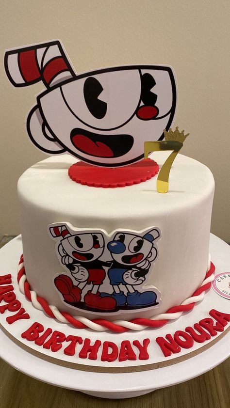 Cuphead Cake Ideas, Cup Head Cake, Cuphead Birthday Party Ideas, Cuphead Cake, Cuphead Birthday, Pastel Minecraft, Cuphead Memes, Cuphead Show Cuphead, Cuphead And Mugman