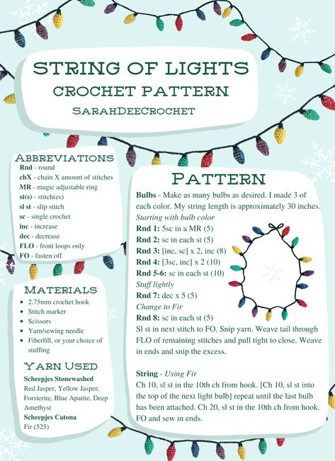 String of Lights Crochet Pattern Crochet Christmas Lights, Santa Hat Pattern, String Of Lights, Fox Pattern, Christmas String Lights, Easy Coloring Pages, Crochet Hat Pattern, Crafty Craft, How To Show Love