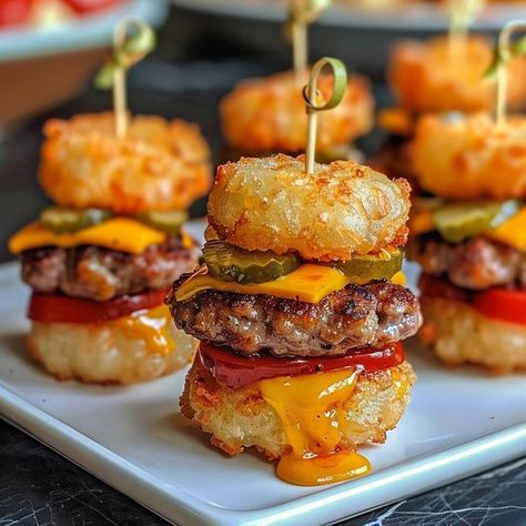 Nouna's Kitchen Tater Tot Appetizers, Frozen Tater Tots, Mini Cheeseburger, Pickle Recipes Homemade, Burger Bites, Dill Pickle Chips, Baked Peach, Sandwich Bar, Mini Burgers