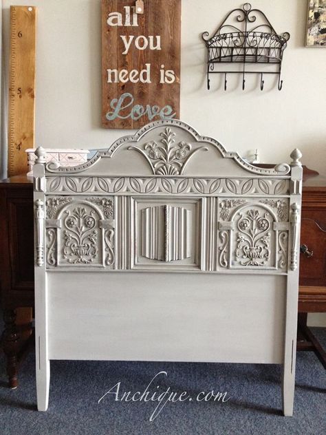 Headboard painted with Chalk Paint™ decorative paint by Annie Sloan in a custom mix of Paris Grey, Old Ochre and French Linen. Painted Headboards, Chalk Paint Bed, Victorian Magazine, Blackboard Ideas, Bed Project, Furniture Recycling, Caulk Paint, Old Headboard, Diy Paint Projects