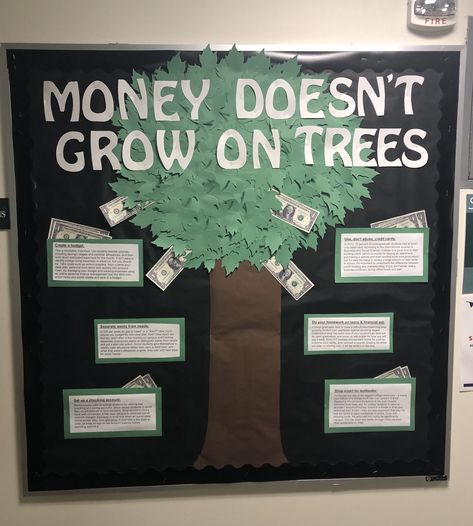 Money Bulletin Board Ideas, Financial Bulletin Board, Accounting Bulletin Board Ideas, Dorm Hall Bulletin Boards, Financial Aid Bulletin Board, Financial Literacy Bulletin Board, Money Kindergarten, Financial Literacy Activities, Literacy Display