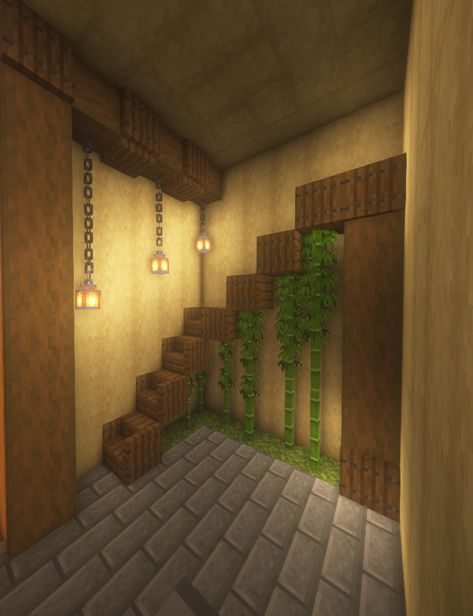 Minecraft Small Staircase, Minecraft Stairs Inside, Minecraft House Inside Ideas, Minecraft Stairs Ideas Inside, Minecraft Staircase Inside, Minecraft Stairs Staircases, Staircase Design Minecraft, Minecraft Bamboo Builds, Minecraft Houses Inside