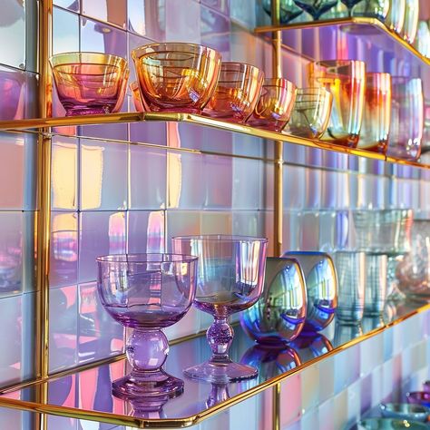 Iridescent dining and glass collection 🥃✨ . . . . #iridescent #moderndiningroom #diningroom #modern #aiart #digitalart #aiartcommunity Iridescent Wall Decor, Iridescent Bathroom Decor, Iridescent Home Decor, Holographic Kitchen, Iridescent Interior, Opal Aesthetic, Iridescent Decor, Bold Bathroom, Iridescent Tile