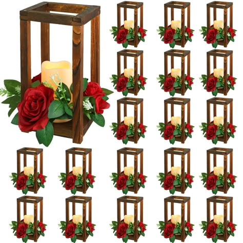 PRICES MAY VARY. Package Includes: 20 pieces vintage wooden candle holder, 20 pieces flameless LED candles (battery not included), 20 pieces claret candle wreaths; Candle lanterns measure 10.6 x 5.5 x 5.5 inches/ 27 x 14 x 14 cm (height x length x width); Flameless LED candles measure 3 x 5 inches/ 7.5 x 12.7 cm (diameter x height); LED candle is white wavy style; You can place wedding lanterns on your table, shelf, entryway, patio, backyard, fireplace mantle Farmhouse Lantern: the lantern cente Elegant Mexican Wedding Centerpieces, Fairytale Centerpieces, Red Rose Decorations, Wine Centerpieces, Large Table Centerpieces, Christmas Wedding Table Decor, Outdoor Reception Ideas, Wedding Centerpieces With Candles, Low Cost Wedding Ideas