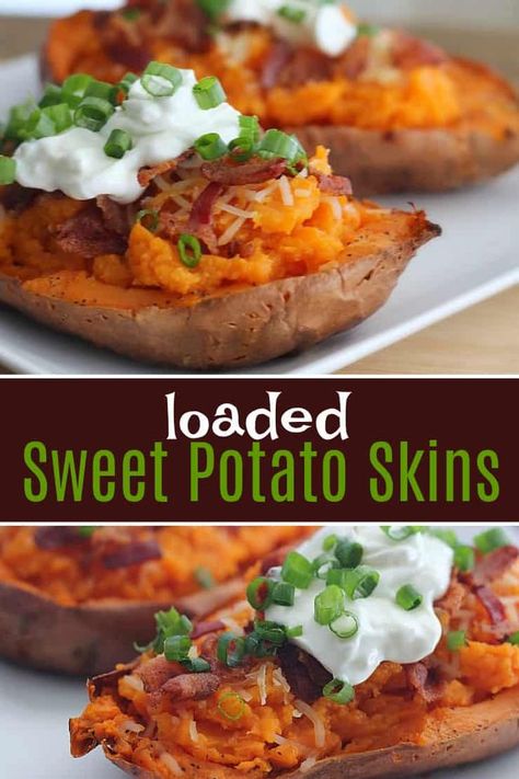 Sweet Potato Skins Recipe, Autumn Appetizers, Easy Sweet Potato Recipes, Best Potato Recipes, Healthy Superbowl Snacks, Sweet Potato Skins, Loaded Sweet Potato, Healthy Potato Recipes, Sweet Potato Soup