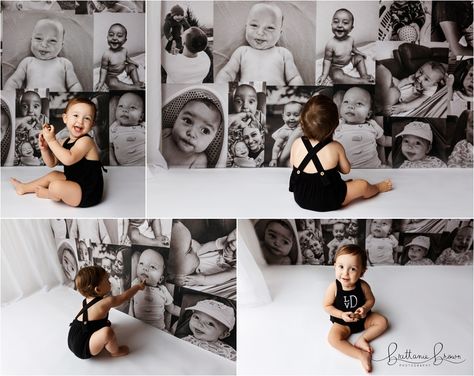 Custom black and white collage for cake smash backdrop. Collage has Luca's first year pictures on it and was perfect for his one year photoshoot. Wearing a solid black romper and looking at the pictures of himself as a baby.. 1st Birthday Photoshoot Backdrop, Black And White Backdrop Photoshoot, Photo Collage Backdrop, Black And White Baby Pictures, Black And White First Birthday, 1st Birthday Photoshoot Boy Indoor, Baby Photoshoot Ideas 1 Year, Baby Boy First Birthday Photo Shoot, Diy First Birthday Photoshoot