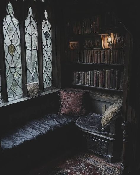 Ben Myhre (@benmyhre) • Instagram photos and videos Jackaby Book, Goth Library, Gothic Bookshelves, Dark Living Room Ideas, Gothic Library, Gothic Cottage, Goth Houses, Goth Cottage, Window Nook