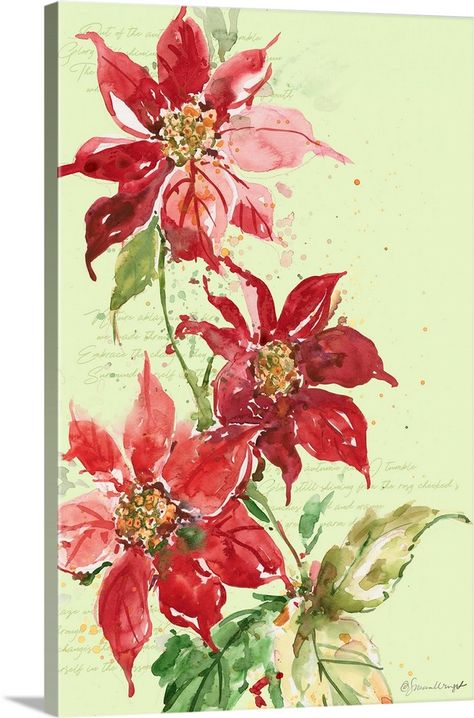 Stretched Canvas Print entitled Watercolor Poinsettia.  A simple and elegant poinsettia adds a touch of winters grace to any room.  Multiple sizes available.  Primary colors within this image include White, Light Yellow, Pink, Forest Green.  Made in USA.  All products come with a 365 day workmanship guarantee.  Archival-quality UV-resistant inks.  Canvases are stretched across a 1.5 inch thick wooden frame with easy-to-mount hanging hardware.  Museum-quality, artist-grade canvas mounted on sturd Watercolor Poinsettia, Poinsettia Cards, Pink Forest, Christmas Card Art, Watercolor Christmas Cards, Paint Cards, Watercolor Christmas, Pen And Watercolor, Prints Wall