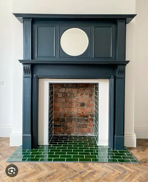 Mantlepiece Without Fireplace, Tiles In Fireplace, Green Fireplace Tiles, Edwardian Fireplace Tiles, Green Tiles Fireplace, Green Tiled Fireplace, Snug Fireplace, Woodstove Mantle, Green Tile Fireplace