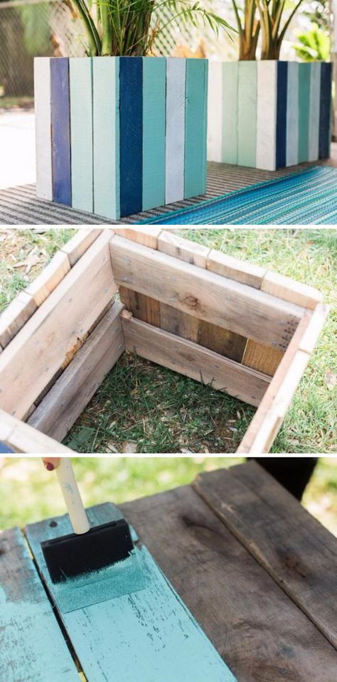 30+ Creative DIY Wood and Pallet Planter Boxes To Style Up Your Home 2017 Painted Flower Boxes Ideas, Painted Wooden Planters, Planter Box Painting Ideas, Diy Wood Flower Pots, Painted Flower Boxes Planters, Painted Flower Boxes, Painted Planter Boxes, Pallet Planter Boxes Diy, Pallet Flower Boxes