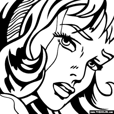 POP ART, 20TH CENTURY Roy Lichtenstein -  Girl with Hair Ribbon Pop Art Hair, Famous Art Coloring, Famous Pop Art, Roy Lichtenstein Pop Art, Lichtenstein Pop Art, Pop Art Coloring Pages, Colored Pictures, Painting Girl, Black And White Comics