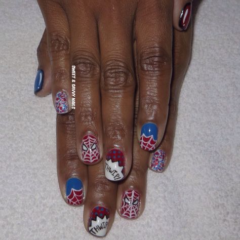 Spider Man Nail Designs Short, Short Acrylic Nails Square Spiderman, Short Nails Spiderman, Spiderman Inspired Nails, Spiderman Natural Nails, Short Acrylic Spider-man Nails, Comic Book Nails, Marvel Nails, Spiderman Girl