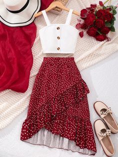 Cute Top And Skirt Outfit, Cute Skirt Outfits For Summer, Red Skirt Outfit Ideas, Cute Clothes For Teenagers, Clothes Skirts, Adrette Outfits, Skirts For Girls, Clothes For Girls, Cute Dress Outfits