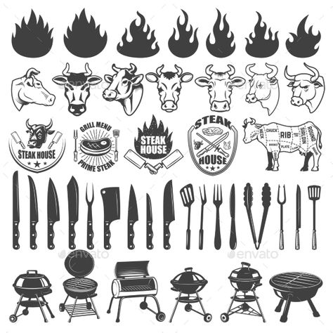 Set of BBQ and Grill Labels and Design Elements Bbq Grill Logo, Grill Icon, Grill Dinner, Bbq Event, Chalk Signs, Business Card Icons, Menu Poster, Grill Logo, Texas Barbecue