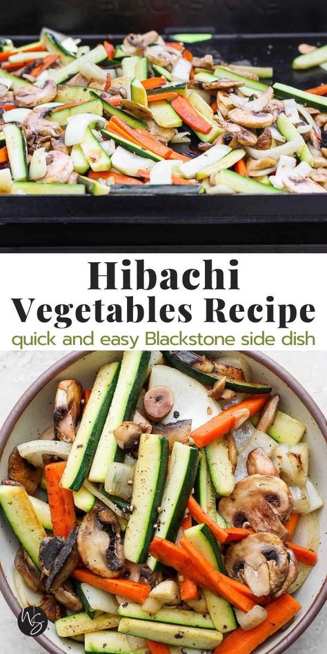 Our quick and easy Hibachi Vegetables taste just like the amazing side dish that is served at your local hibachi restaurants! Make with any combination of vegetables that cook in a matter of minutes right on your flat top griddle, Blackstone, or in a large skillet on the stove top. The whole family will absolutely love these hibachi veggies! This recipe is dairy-free, gluten-free and vegetarian. Hibachi Veggies, Hibachi Vegetables Recipe, Blackstone Hibachi, Easy Hibachi, Hibachi Vegetables, Hibachi Recipes, Healthy Side Dish Recipes, Gluten Free Salads, Flat Top Griddle