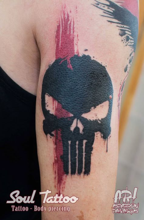 Punisher Skull Tattoo, Punisher Tattoo, Trash Polka Tattoo Designs, Tattoo Trash, Polka Tattoo, Military Tattoos, Marvel Tattoos, Trash Polka Tattoo, Punisher Skull