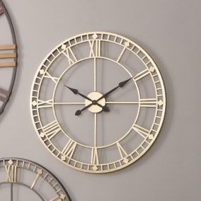 Skeleton Antique Brass Wall Clock 76cm | Dunelm Wall Dimension, Skeleton Wall Clock, Roman Numeral Clock, Gold Clock, Kitchen Clocks, How To Make Wall Clock, Modern Clock, Mirror With Shelf, Gold Wall