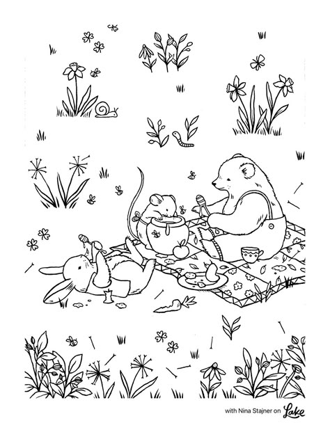 Cottagecore Coloring Pages, Cottage Coloring Pages, Digital Stamps Free, Spring Coloring Pages, Printable Coloring Book, Animal Coloring, Cute Doodles Drawings, Cool Coloring Pages, Mini Drawings