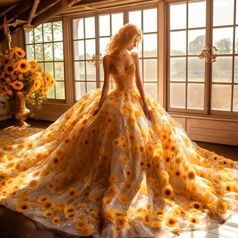 Wedding Dress With Yellow Accents, Yellow Wedding Dress The Bride Gowns, Sunflower Wedding Dress The Bride, Sun Themed Outfits, Sunflower Wedding Dress, Sunflower Gown, Sunflower Dresses, Yellow Bride, Yellow Ball Gown