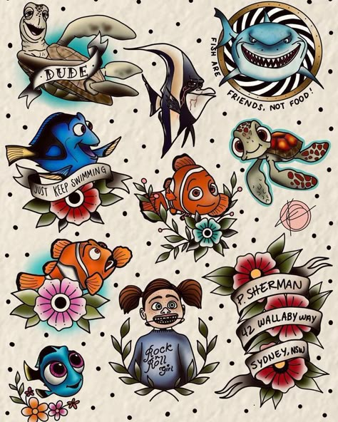 Nemo Tattoo Design, Dori Tattoo Finding Nemo, Colour Flash Tattoo, Nemo And Dory Tattoos, Finding Nemo Tattoo Ideas, Finding Dory Tattoo, Bugs Life Tattoo, Finding Nemo Tattoos, Traditional Disney Tattoo