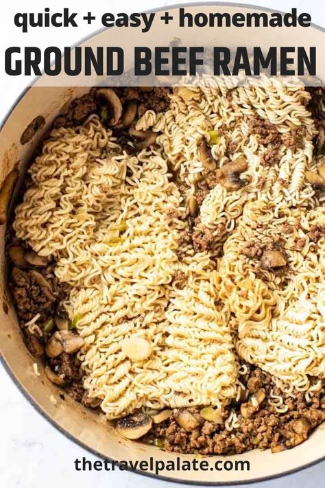 Ramen Noodles with Beef is a quick and easy dinner recipe full of Asian flavor! Made with packaged ramen noodles, ground beef, mushrooms and cabbage. Great for busy weeknights whenever that take out craving hits, but you want a home cooked meal! #asianrecipes #noodlebowls #ramenbowl #stirfry #beeframen Ramen Noodle Stir Fry Beef, Hamburger Meat And Ramen Noodles, Ground Beef Ramen Noodle Recipes, Ground Beef Ramen, Ground Beef And Mushrooms, Stir Fry Dinner Recipes, Beef Ramen Noodle Recipes, Ramen Noodle Recipes Easy, Easy Suppers