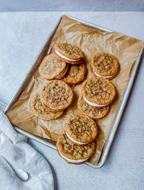 Homemade Oatmeal Cream Pie Cookies - Plum Street Collective Chocolate Oatmeal Cream Pies, Oatmeal Cookie Cream Pies, Copycat Oatmeal Cream Pies, Oatmeal Crème Pie Cookies, Sourdough Discard Oatmeal Cream Pies, Oatmeal Creme Pie Recipe, Oatmeal Pie Cookies, Best Homemade Oatmeal, Homemade Oatmeal Cream Pie