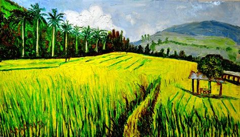 RICE FIELDS - ANAND PAINTINGS Rice Field Painting, Fields Painting, Floral Words, India Painting, Valley Of Flowers, Rice Field, Field Painting, Coconut Trees, Art Promotion