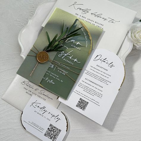 Sage Green Clear Arched Acrylic Wedding Invitations with Wax Seals 1, Item: Sage Green Clear Arched Acrylic Wedding Invitations with Wax Seals2, Invitation Size: 130 x 185mm, Details: 110 x 157mm, Rsvp: 110*75mm3. Hand-made gold foil decorated like pictures.4, Customized: Yes5, Botanical Multiple Choice as request Sage Green And Champagne Wedding Invitations, Black Gold And Sage Green Wedding, Sage Green Wedding Details, Wedding Invites Green, Safe Green Wedding, Sage Green Fall Wedding, Wedding Invitations Sage Green, Sage Invitation, Sage Wedding Invite