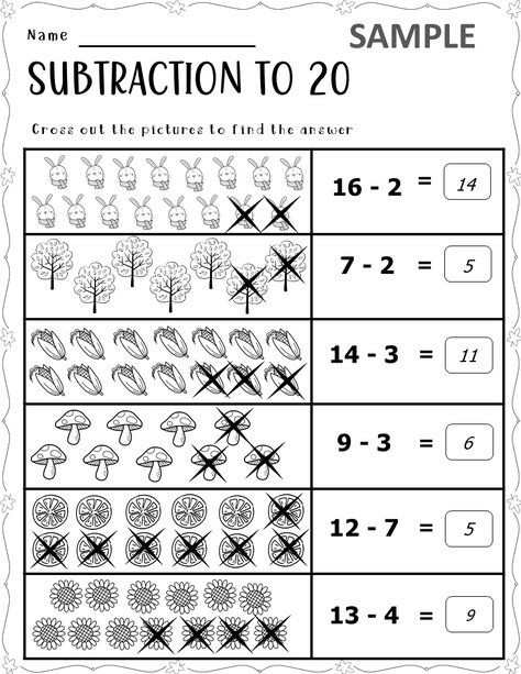 Subtraction to 20 with pictures worksheet Fall Autumn Theme Learning Subtraction, Subtraction To 20, Subtraction Within 20, Kindergarten Math Center, Subtraction Word Problems, Solving Word Problems, Subtraction Facts, Subtraction Worksheets, Free Math Worksheets