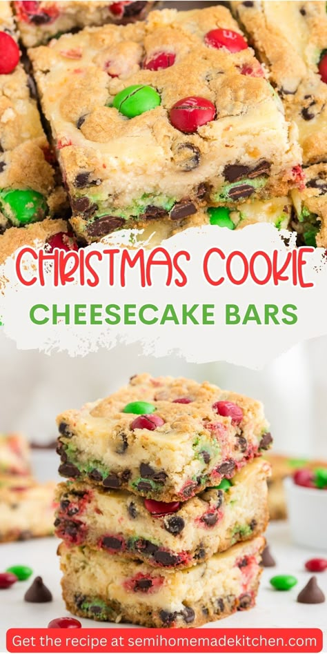 Pinterest Graphic. Christmas Desserts Cheesecake, Cheesecake Cookie Bars, Cookie Cheesecake Bars, Chocolate Chip Cheesecake Bars, Christmas Cookie Bars, Cheesecake Cookie, Cookie Cheesecake, Refrigerated Cookie Dough, Christmas Cheesecake