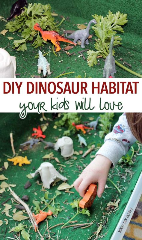 Make a DIY dinosaur habitat in a box! This super fun dinosaur activity for kids is easy to put together and provides hours of fun - and it uses natural materials so it's inexpensive too. The perfect place to play and store your toy dinosaurs - makes a great gift too! Dinosaur Habitat, Childcare Resources, Dinosaur Activity, Toy Dinosaurs, Dinosaur Activities Preschool, Diy Dinosaur, Child Activities, Dinosaurs Preschool, Play Activity