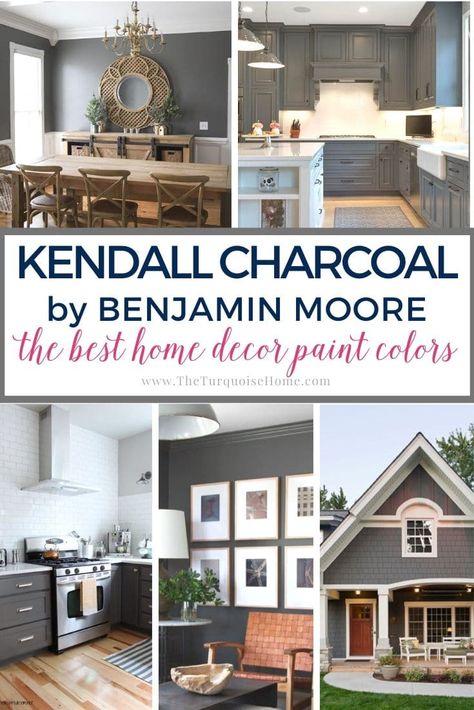 From the interior to the exterior, check out all these lovely and inspiring ideas that use Kendall Charcoal paint. It's dark and perfectly neutral. Kendall Charcoal Bathroom Walls, Kendall Benjamin Moore Charcoal, Kendall Grey Benjamin Moore, Dark Grey Benjamin Moore Paint, Dark Gray With Green Undertones, Bm Kendall Charcoal Cabinets, Sw Kendall Charcoal, Kendall Charcoal Vs Iron Ore, Benjamin Moore Charcoal Slate