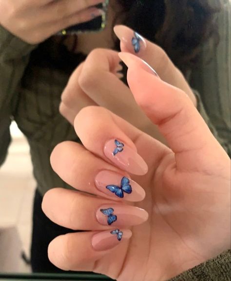 Nails Butterfly Design Blue, White Nails Blue Butterfly, Nail Stickers Butterfly, Butterfly Nail Stickers Designs, Butterfly Biab Nails, Butterfly Nails Oval, Blue Butterfly Nails Almond, Butterfly Sticker Nail Art, Blue Butterfly Nails Acrylics