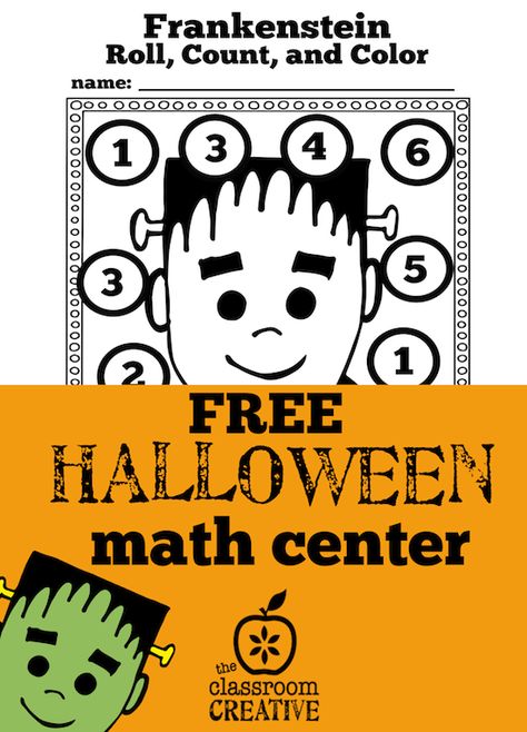 Free halloween math center- frankenstein roll, count, and cover from theclassroomcreative.com Halloween Roll And Cover Free, Halloween Roll And Cover, Frankenstein Math, Kindergarten Halloween Math Centers, Fun Halloween Math, Math Centers For Kindergarten, Halloween Math Centers, Halloween Counting, Halloween Centers