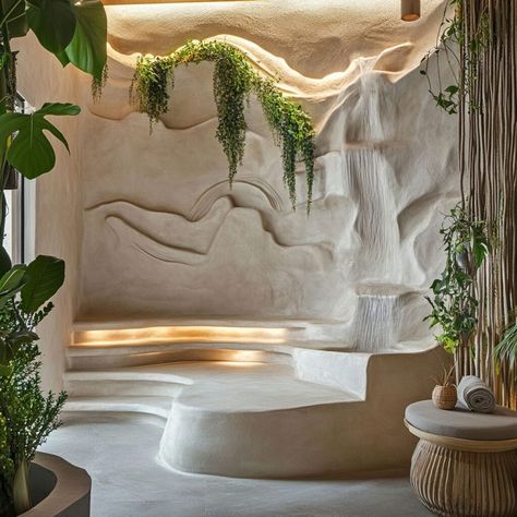 Create a spa-like oasis with sculptural plaster walls. This nature-inspired design features textured plaster that mimics rock formations, complemented by cascading greenery and soft lighting for a serene ambiance. Perfect for creating tranquil, immersive spaces, plaster offers versatility as a building material to blend structure and natural aesthetics, enhancing any modern interior. Rustic Plaster Walls, Brick And Plaster Wall, Building Materials Architecture, Content House, Textured Plaster, Natural Aesthetics, Interior Design Concepts, Mountain Wall, Building Material