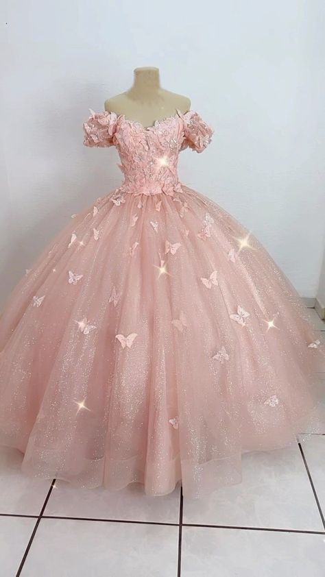 Pink Butterfly Quince Dress Butterfly Quince Dress, Butterfly Quinceanera Dress, Blush Pink Quinceanera Dresses, Hot Pink Quinceanera Dresses, Pink Sweet 16 Dress, Butterfly Prom Dress, Butterfly Quince, Quinceanera Pink, Pink Sweet 16