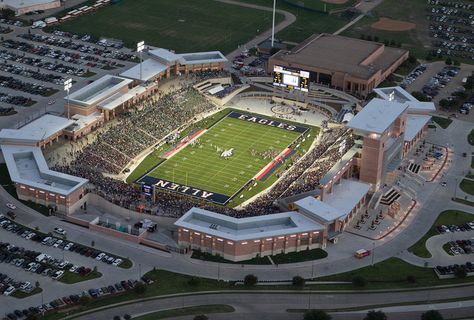 Allen, Texas, a bedroom community in an upscale part of the DFW metroplex, spent about $60 million to build a state of the art football stadium for Allen High School. The facility holds 18,000 spectators, and the first year it was open sold over 8,000 season tickets (for only $40/ticket). The stadium has 42 concession lines and a three level press box. Football Stadium High School, High School Football Stadium, Allen High School, School Stadium, Sports Architecture, Highschool Football, Allen Texas, Hs Football, Texas High School