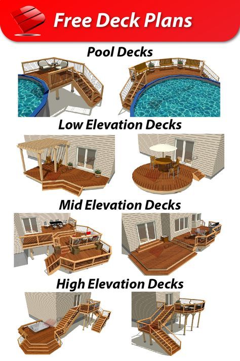 Our free deck plans have everything you need to feel confident when it's time to build. Including detailed drawings, cost estimates, and material lists. Browse our gallery, or choose your future dream deck here: plans.decksgo.com Small Deck Designs, Deck Plans Diy, Wood Deck Plans, Free Deck Plans, Deck Design Plans, Decks Around Pools, Deck Building Plans, Deck Plan, Pool Deck Plans