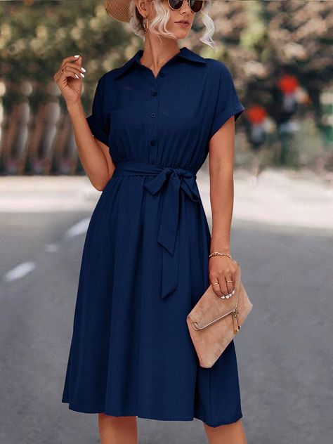 Lace Up Solid Color V Neck Midi Dress cc1DRE2304070147DBLS DarkBlue / 2 (S) Popular Shirt, Collared Shirt Dress, Costume Intero, V Neck Midi Dress, Midi Shirt Dress, Versatile Dresses, Daily Dress, Lace Shirt, Stretch Dress