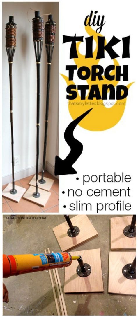 A DIY tutorial to make a tiki torch stand. Create a portable tiki torch stand with simple supplies and no heavy bag of cement. #tikitorch #backyard Diy Tiki Torch Stand, Tiki Torch Stand, Diy Tiki Torch, Tiki Lights, Backyard Fence Decor, Bag Of Cement, Sticky Labels, Tiki Hut, Tiki Torches