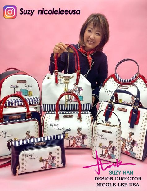 Design Director of Nicole Lee USA "Suzy Han" Nicole Lee Handbags, Nicole Lee, Handbag Accessories, Fashion Forward, Lunch Box, Shelves, Handbags, The World, Design