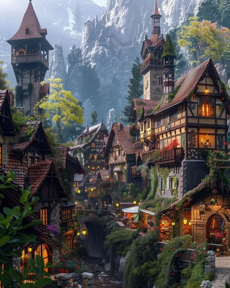 Fantasy Forest City, Mountain Village Aesthetic, Eberron Art, Alchemy Aesthetic, Minecraft Concept Art, Tiny Glade, Elf City, Elf Village, Forest Town