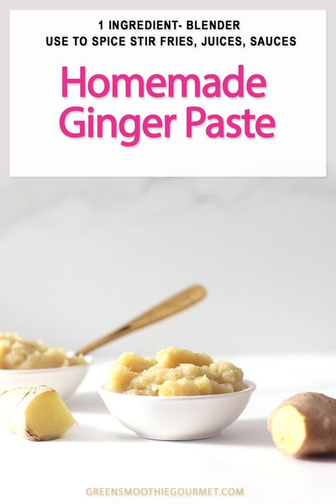 Homemade Ginger Paste is easy to make in a blender with one ingredient, and this time-saving ginger puree can be used in so many recipes - to spice meals and to boost smoothies. How To Make Ginger Paste, Ginger Paste Recipe, Ginger Shot Recipe, Recipe For 1, Ginger Paste, Paste Recipe, Ginger Sauce, Ginger Juice, Shot Recipes