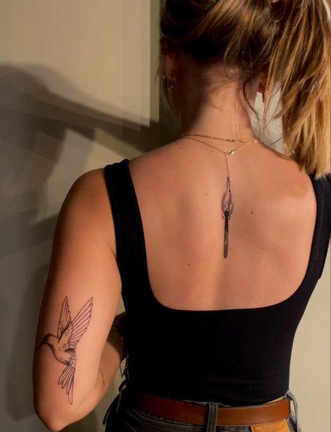 Hummingbird Tattoo Above Elbow, Bird Placement Tattoo, Back Of Arm Hummingbird Tattoo, Back Tattoo Hummingbird, Hummingbird Matching Tattoo, Tattoo Placements On Arm, Upper Back Arm Tattoo Women, Hummingbird Tattoo On Arm, Hummingbird Arm Tattoo