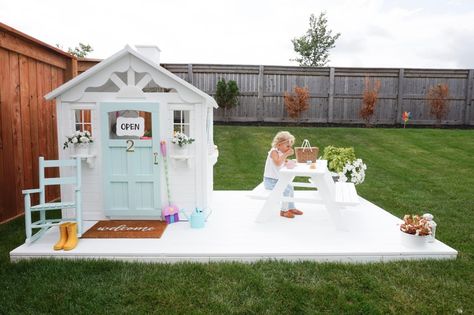 Deck For Playhouse, Playhouse Village, Tiny Playhouse, 90s Aesthetic Wallpaper, Playhouse Diy, Kids Cubby, Playhouse Makeover, Backyard Plans, Kids Cubby Houses