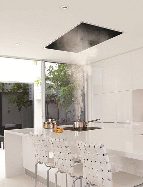 Vent Hood Over Island With Pendant Lights, Island Exhaust Hood, Modern Kitchen Range Hood, Kitchen Vents, Kitchen Island Range, Modern Refrigerator, Miele Kitchen, Ceiling Hood, Island With Stove