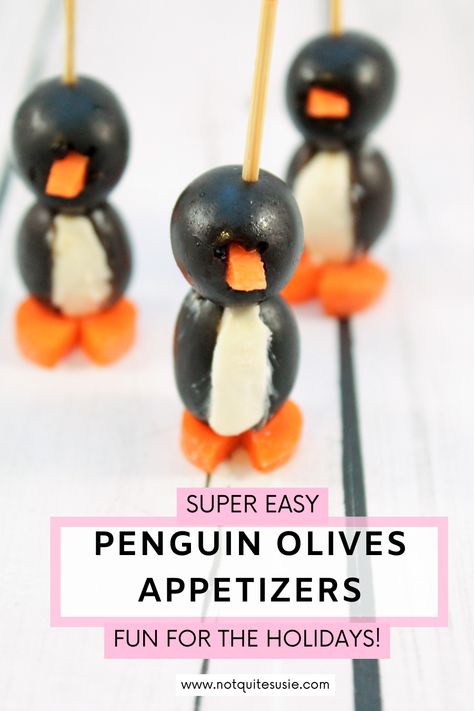 These adorable Olive Penguins make the perfect holiday appetizer! Easy to assemble with black olives, cream cheese, and carrot slices for feet and beaks, these cute little penguins are sure to be a hit at any party. They’re not just festive; they’re fun and simple to make, making them a great addition to your holiday spread! Penguin Deviled Eggs, Penguin Olive Appetizer, Olive Penguins Appetizers, Black Olive Penguins, Penguin Appetizers Olives, Stuffed Black Olives, Penguin Appetizers, Olive Penguins, Xmas Snacks